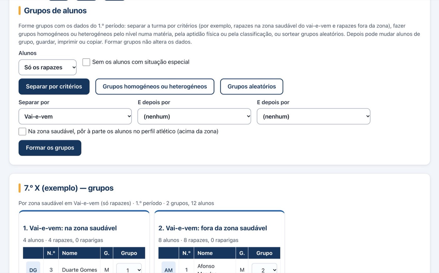 Grupos de alunos: separar por critérios, grupos homogéneos ou heterogéneos, grupos aleatórios e os grupos formados.