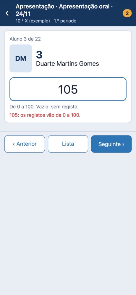 Telemóvel: lançamento de um valor aluno a aluno.